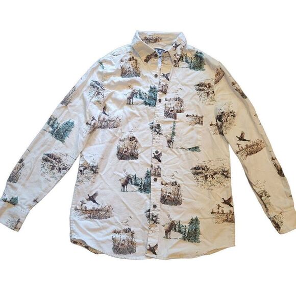 Chaps Button Down Shirt Men's Medium White Flannel Hunting Elk Pheasant Print - Picture 1 of 4